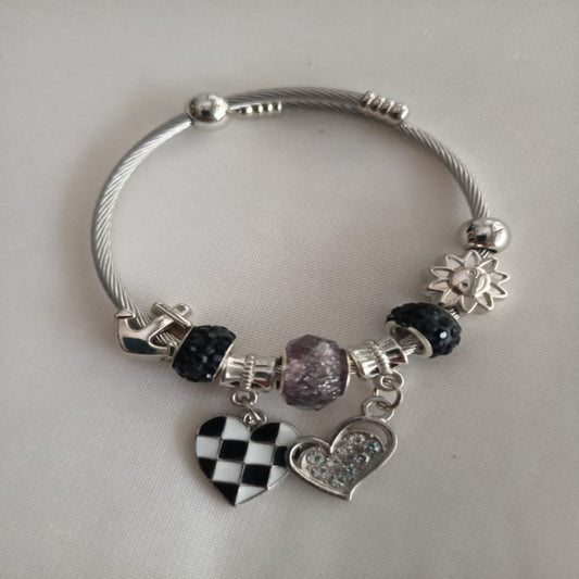 Black White Adjustable Charms Bracelet.